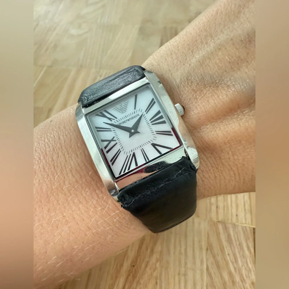 Emporio Armani ladies silver tone square black leather watch NEW BATTERY